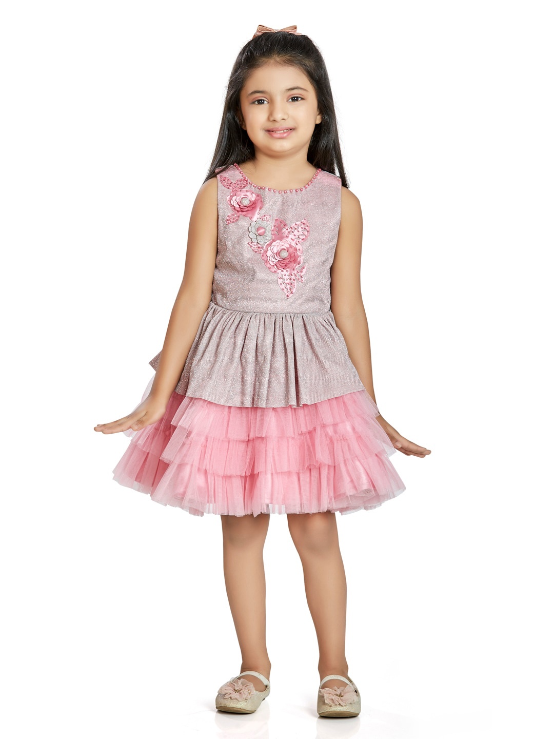 

Peppermint Girls Self Design Sleeveless Fit & Flare Dress, Pink