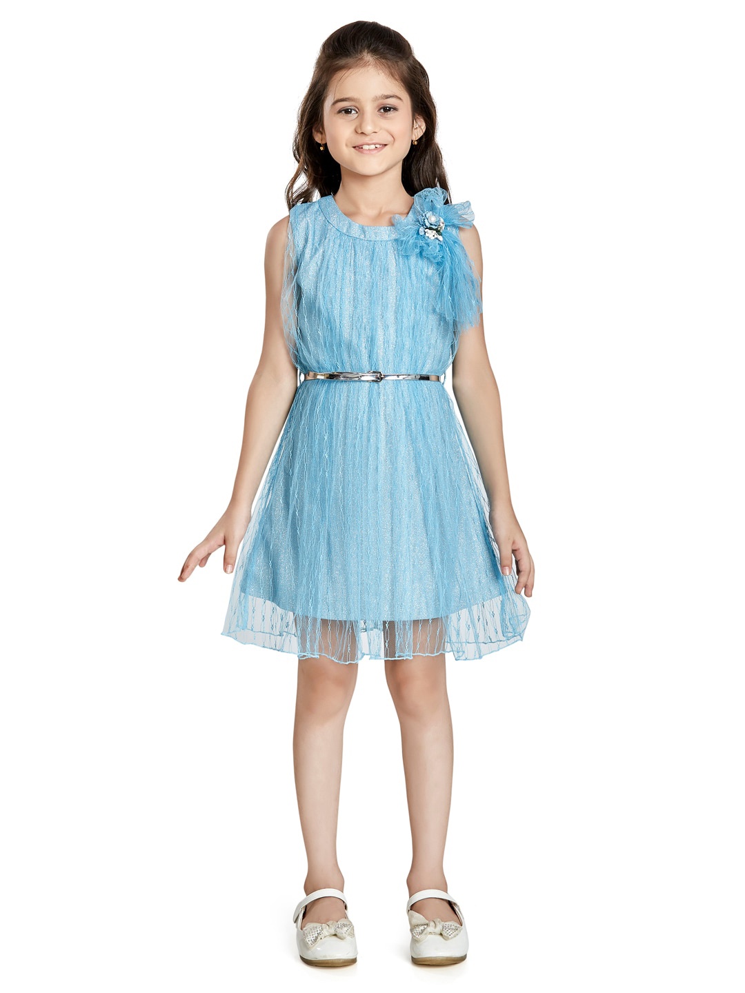 

Peppermint Girls Self Design Sleeveless Net Fit & Flare Dress, Blue