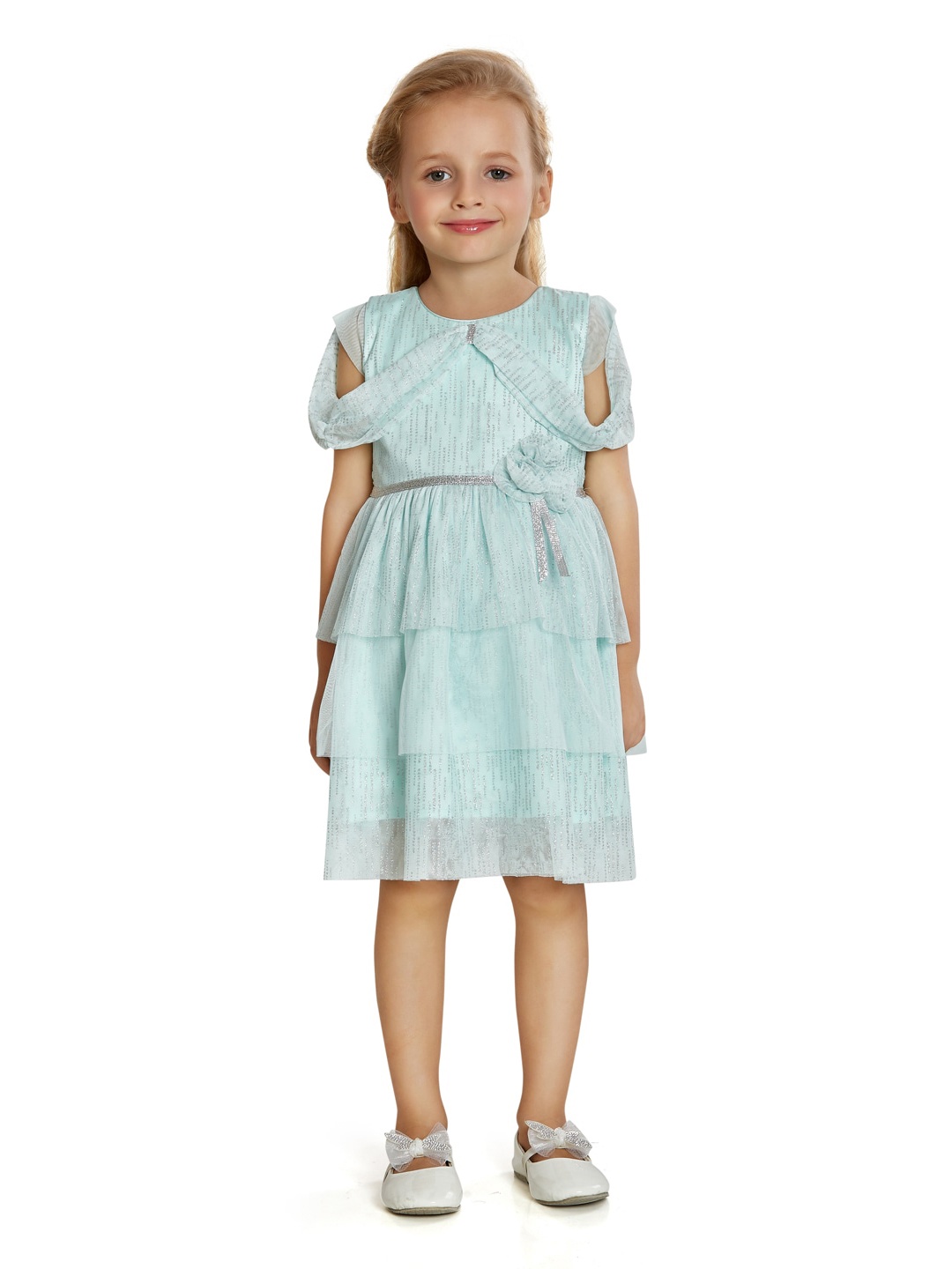 

Peppermint Girls Print Puff Sleeve Net Fit & Flare Dress, Green