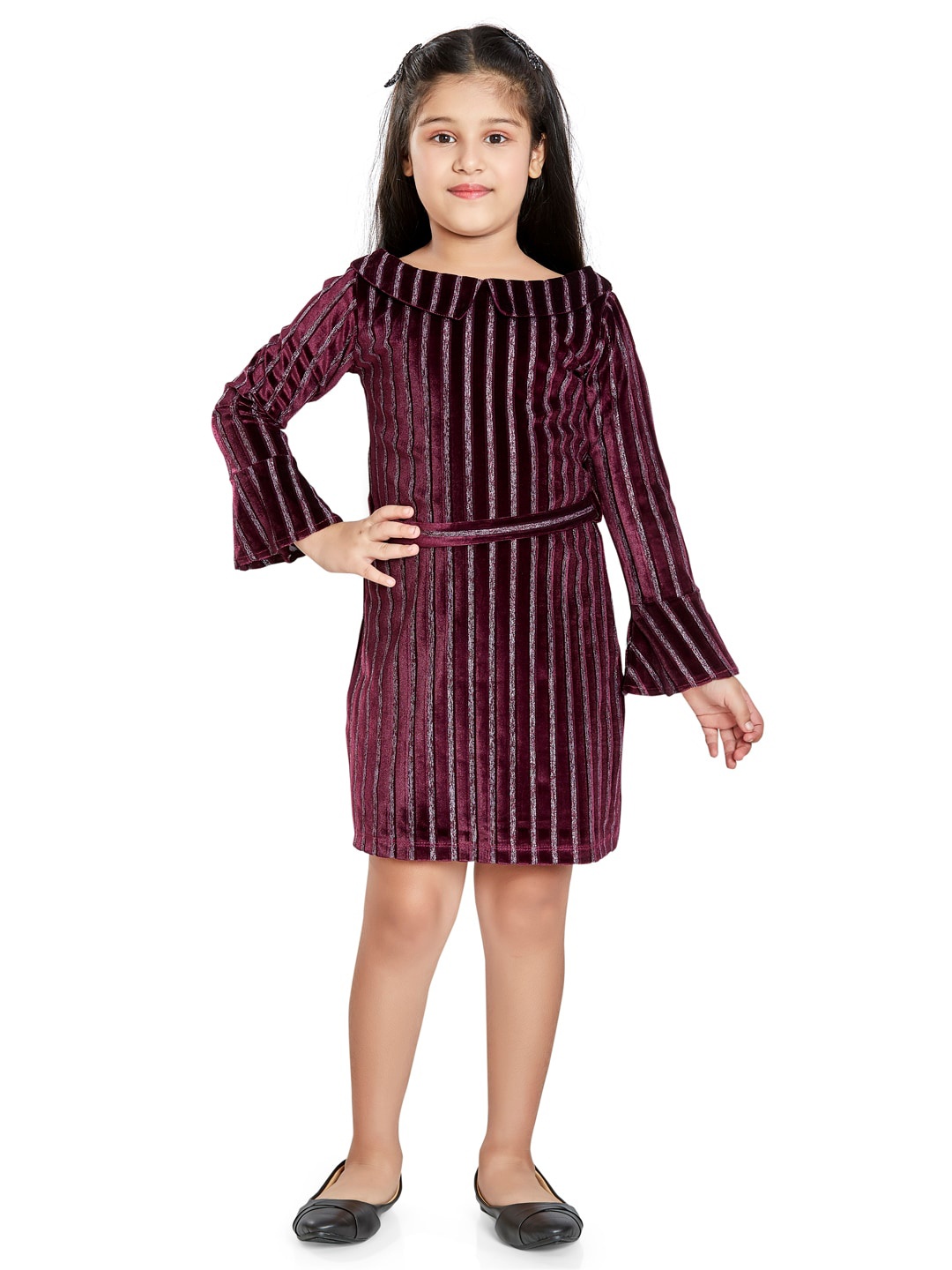 

Peppermint Girls Striped Bell Sleeve A-Line Dress, Maroon