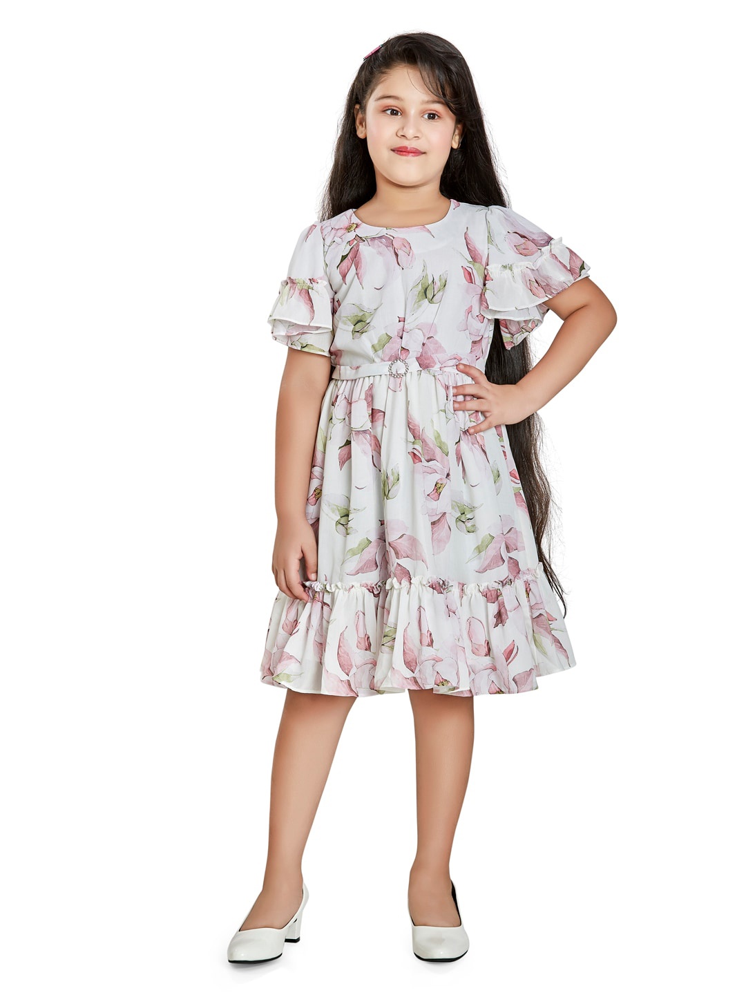 

Peppermint Girls Floral Print Flared Sleeve Satin Fit & Flare Dress, Cream