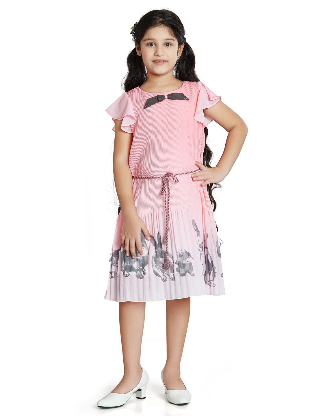 

Peppermint Graphic Printed Flutter Sleeve Accordion Pleated A-line Dress, Pink