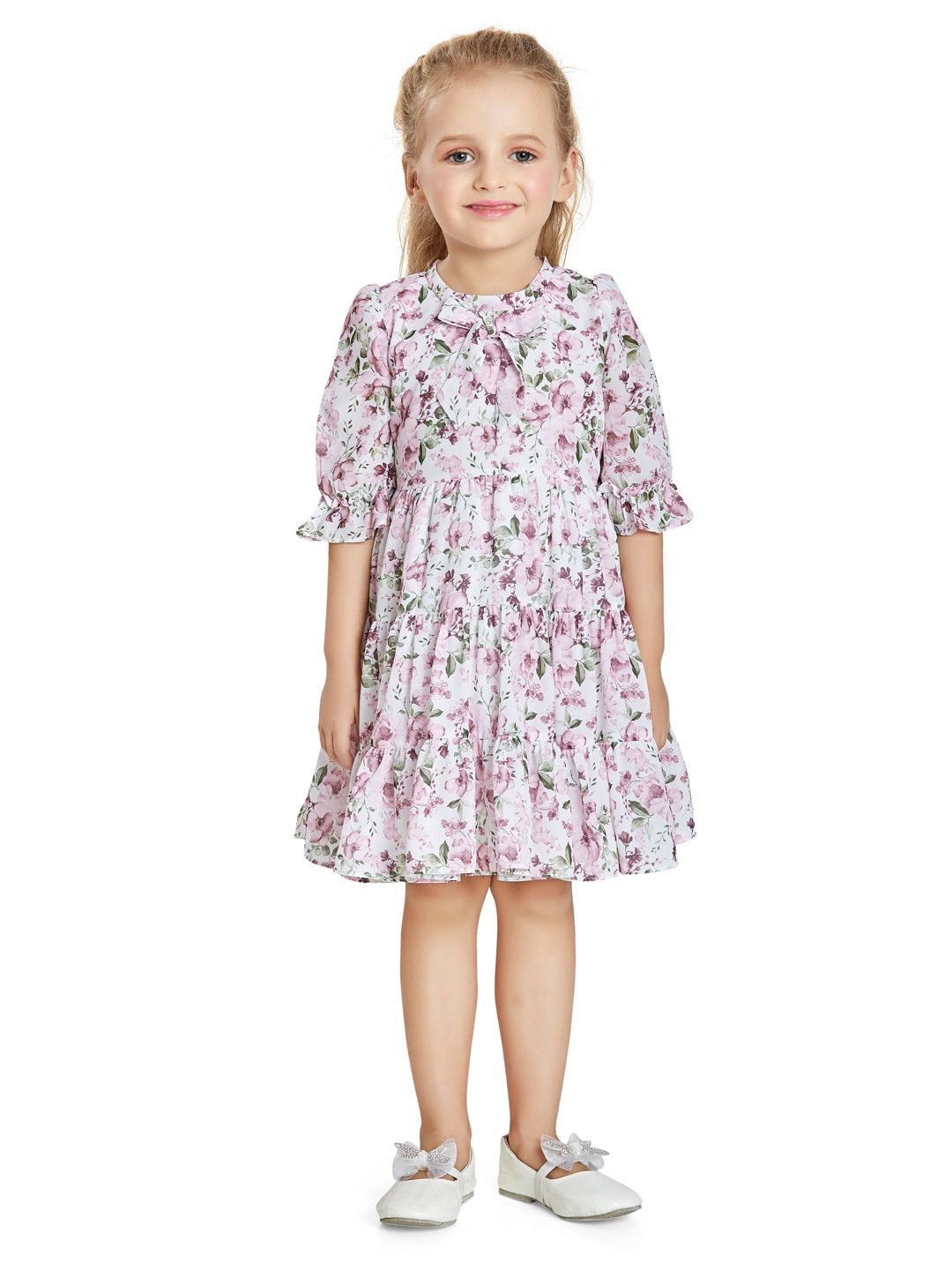 

Peppermint Girls Floral Printed Bow Detail Tiered Satin A-Line Dress, White