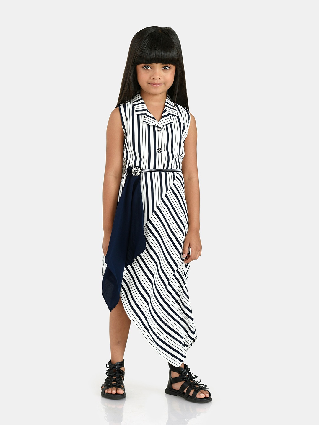 

Peppermint Girls Striped Asymmetric Cotton A-Line Maxi Dress, Navy blue
