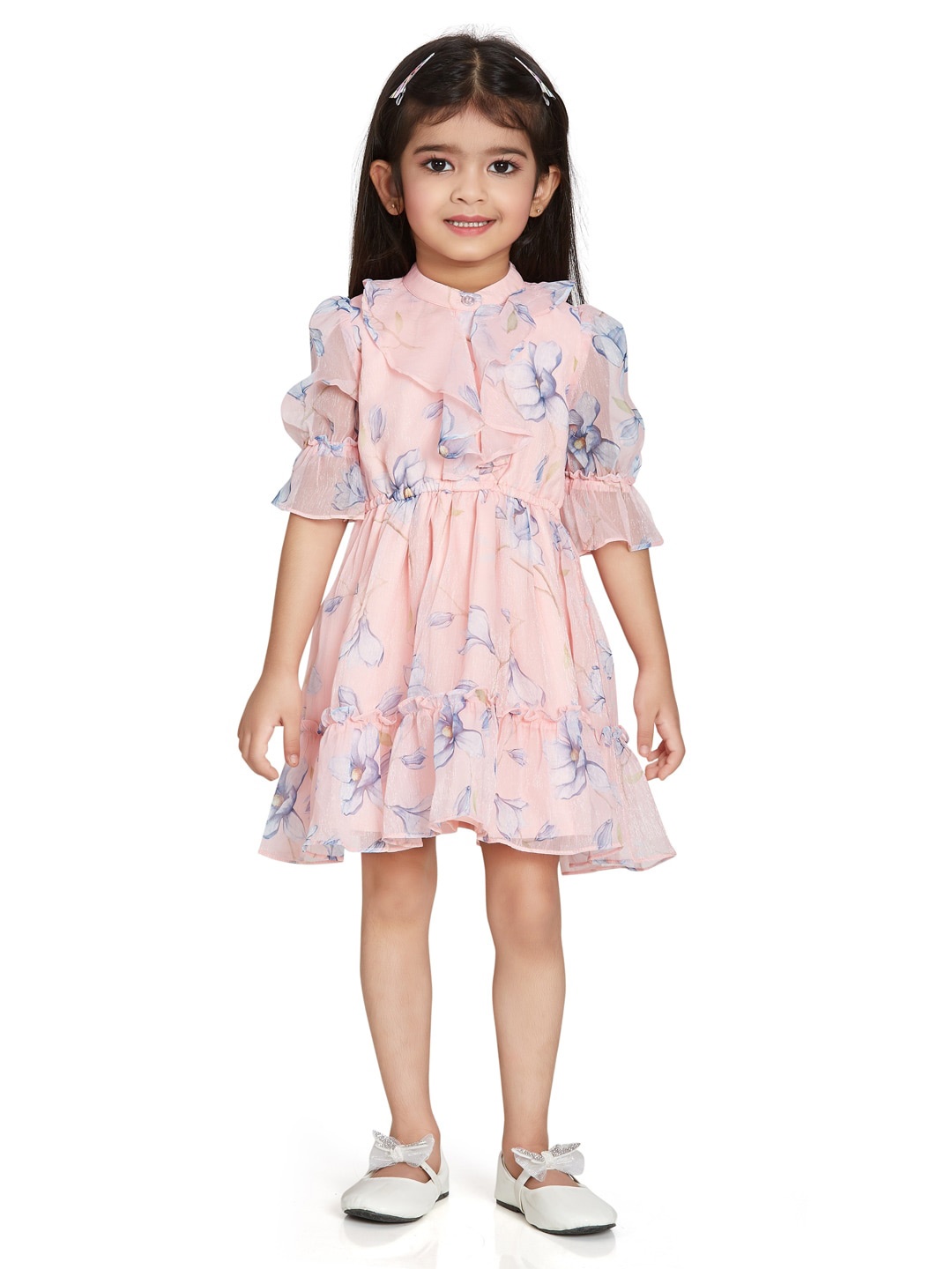 

Peppermint Girls Floral Printed Ruffled Satin Fit & Flare Dress, Peach