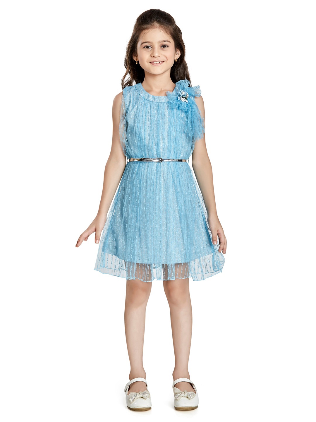 

Peppermint Girls Self Design Net A-Line Dress With Belt, Blue