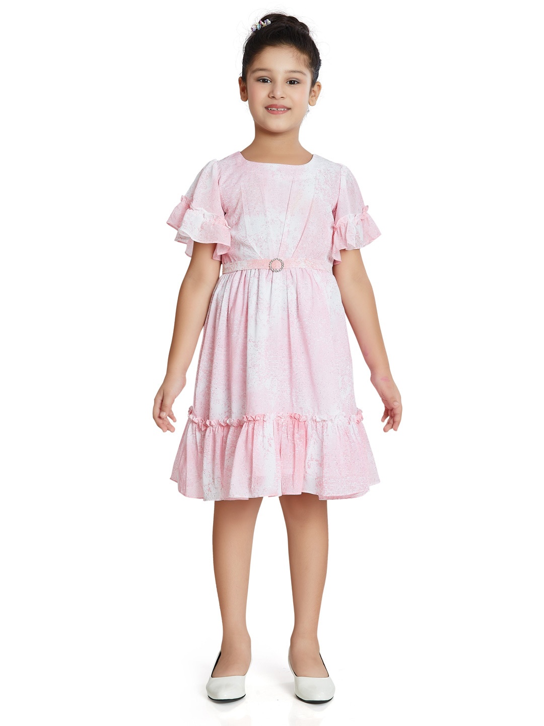 

Peppermint Girls Abstract Printed Flared Sleeves Satin Fit & Flare Dress, Pink