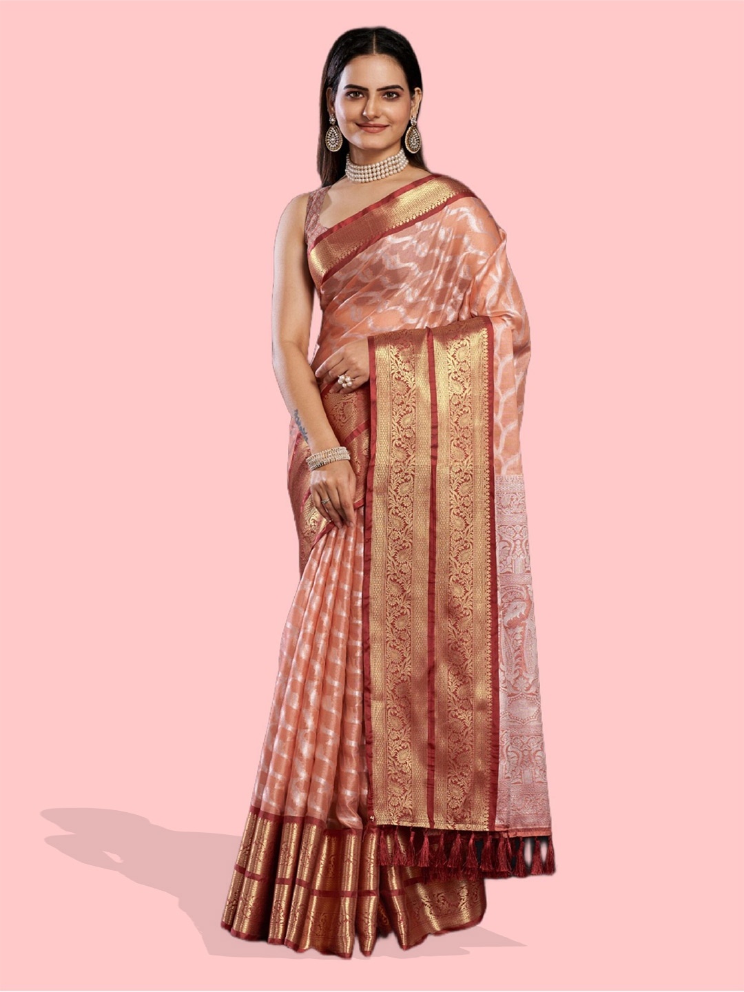 

Mitera Orange & Gold-Toned Abstract Woven Design Zari Tissue Banarasi Saree