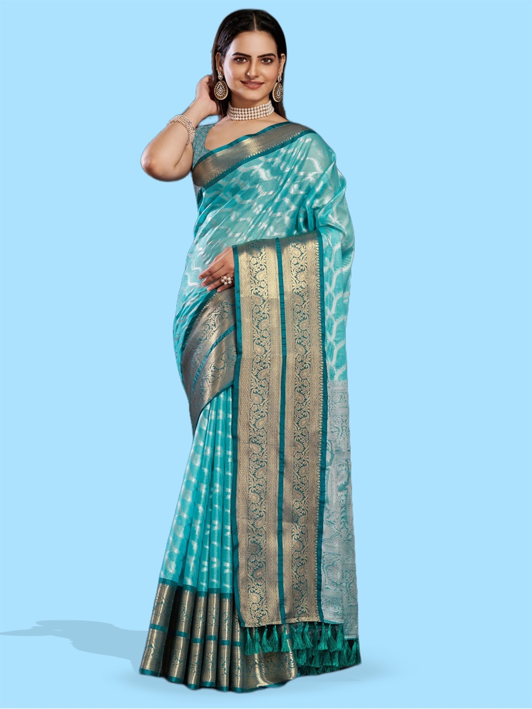 

Mitera Blue & Gold-Toned Abstract Woven Design Zari Tissue Banarasi Saree