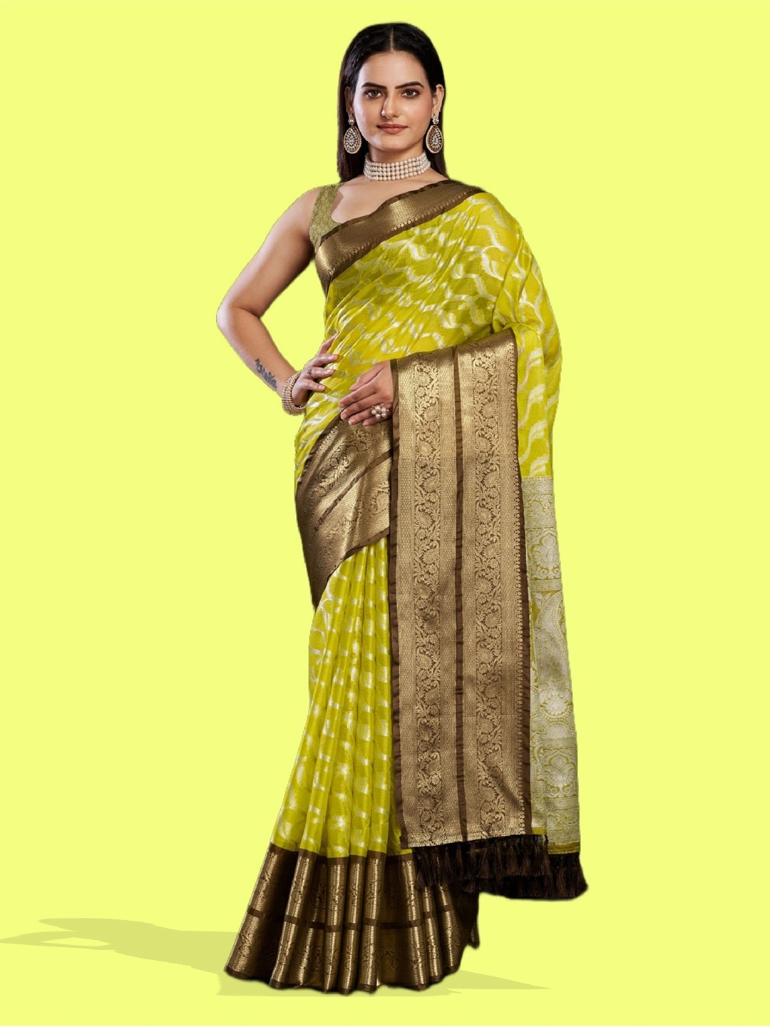 

Mitera Olive Green & Brown Abstract Woven Design Zari Tissue Banarasi Saree