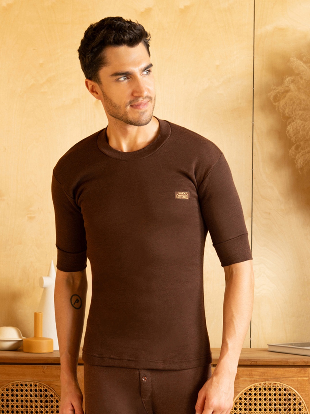 

Lux Cottswool Short Sleeves Self Design Thermal Top, Brown