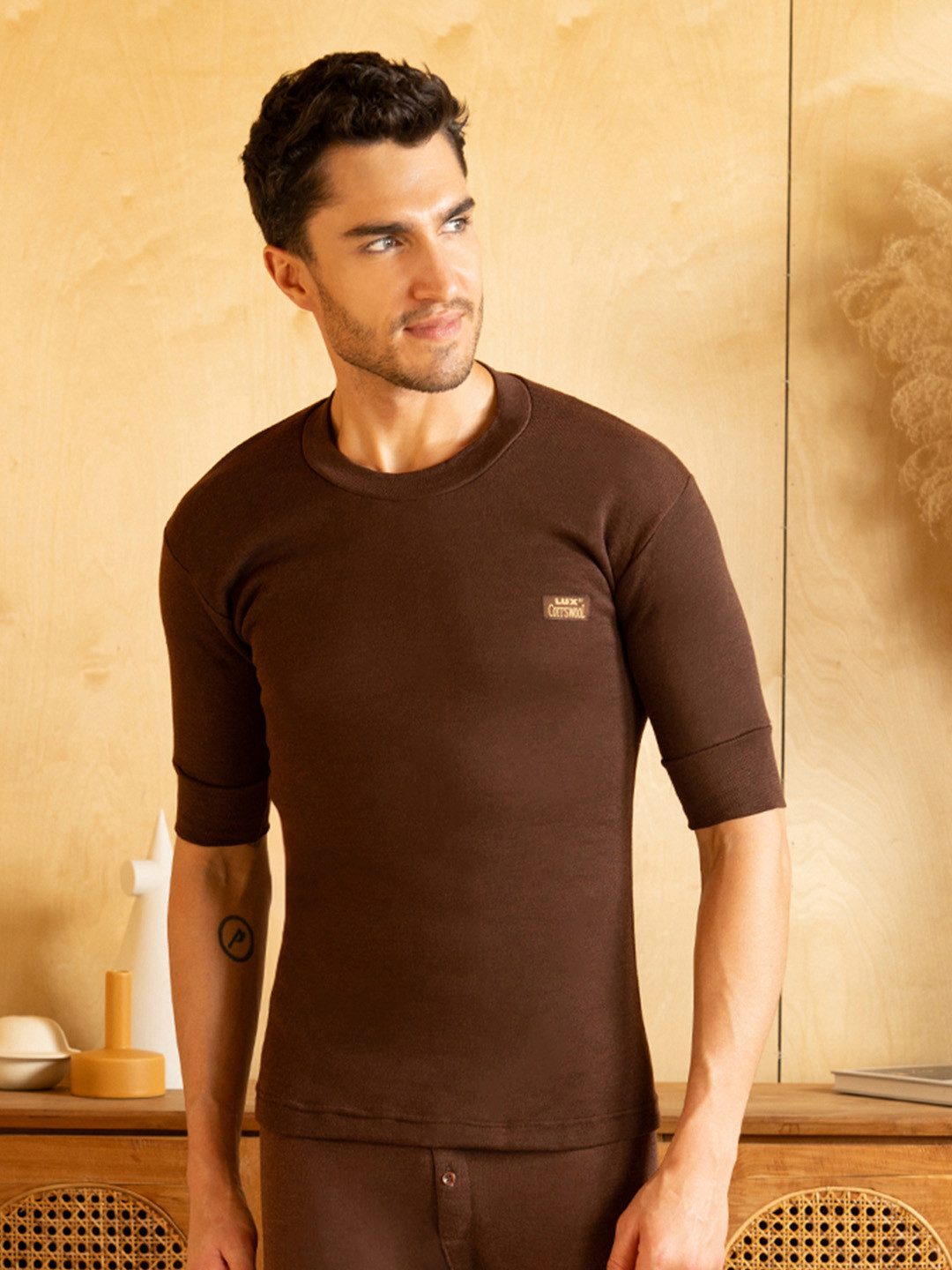 

Lux Cottswool Half Sleeves Wool Thermal Tops, Brown