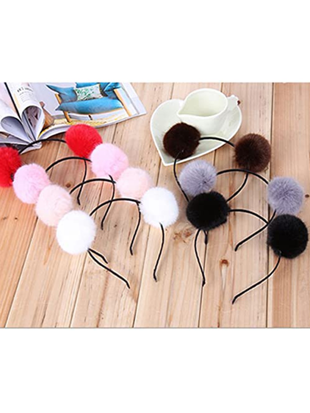 

LYTIX Girls Set of 7 Fur Pom Pom Fur Hairband, Red