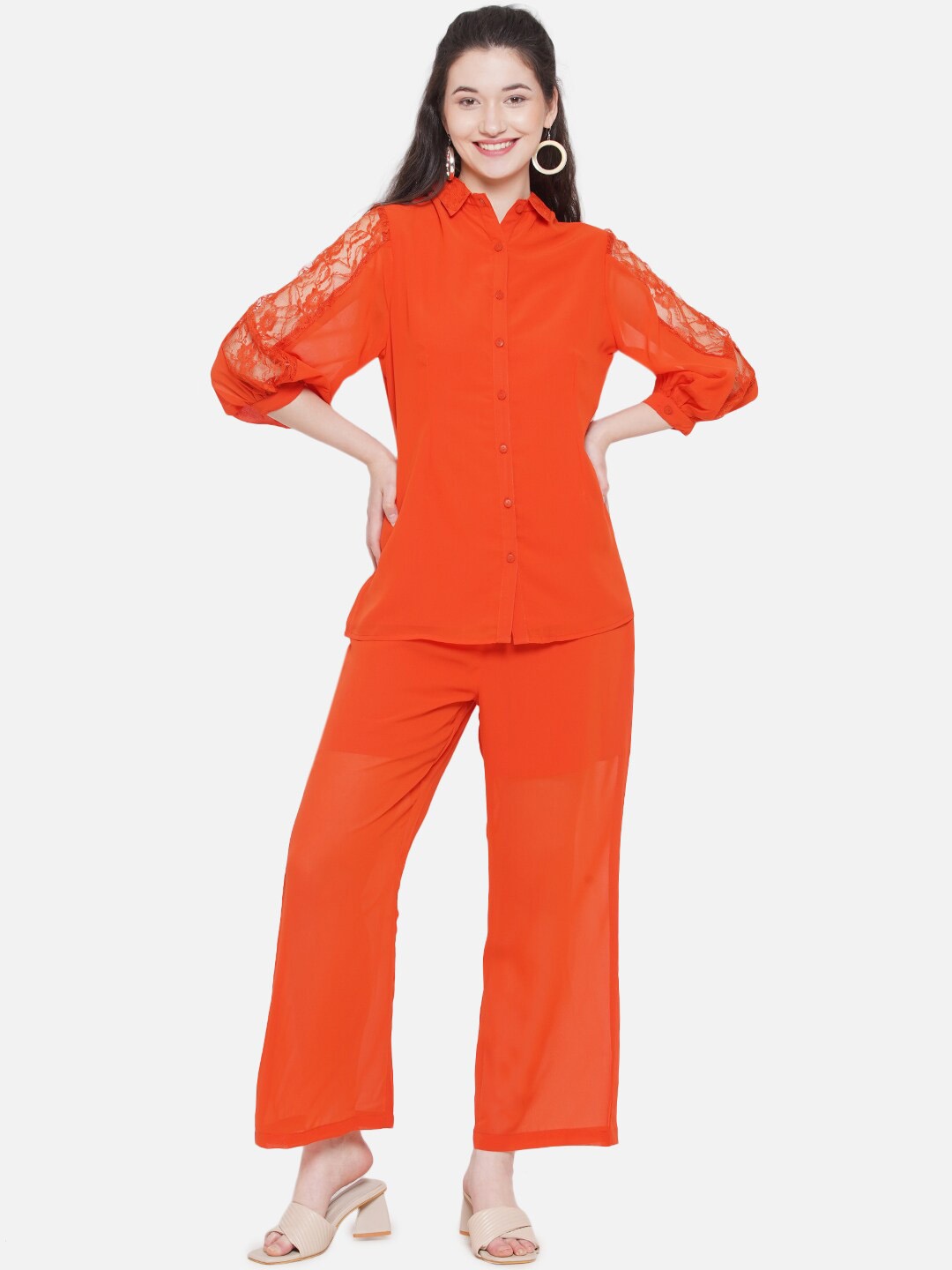 

bellamia Vana Lace Shirt Collar Top and Trousers, Orange