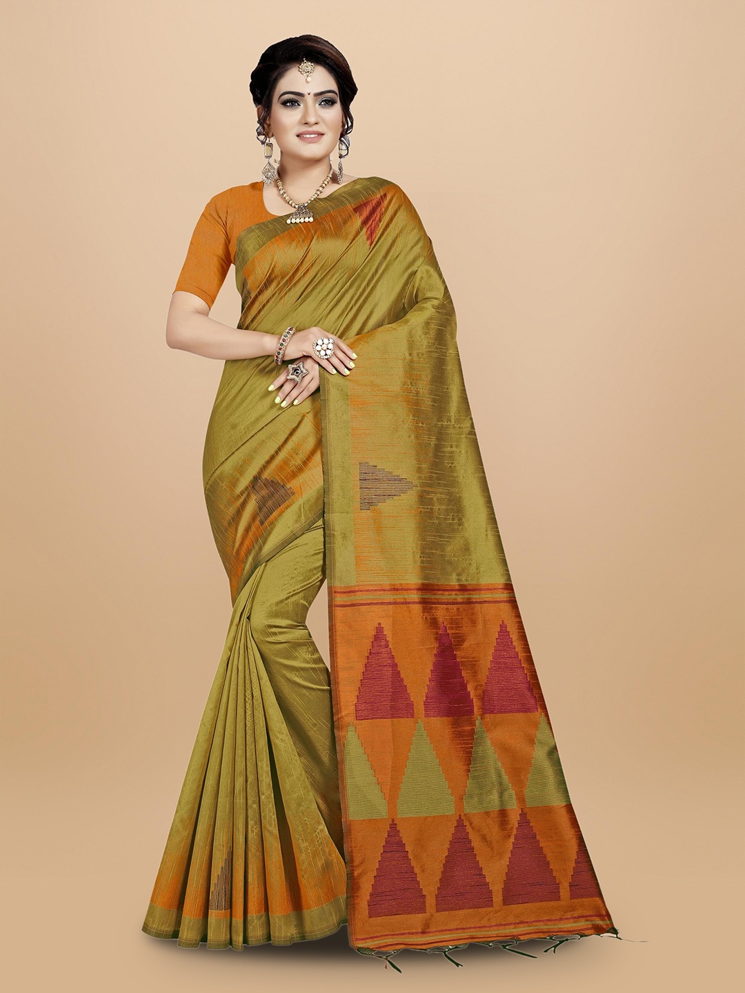 

VISHNU WEAVES Woven Design Zari Saree, Olive