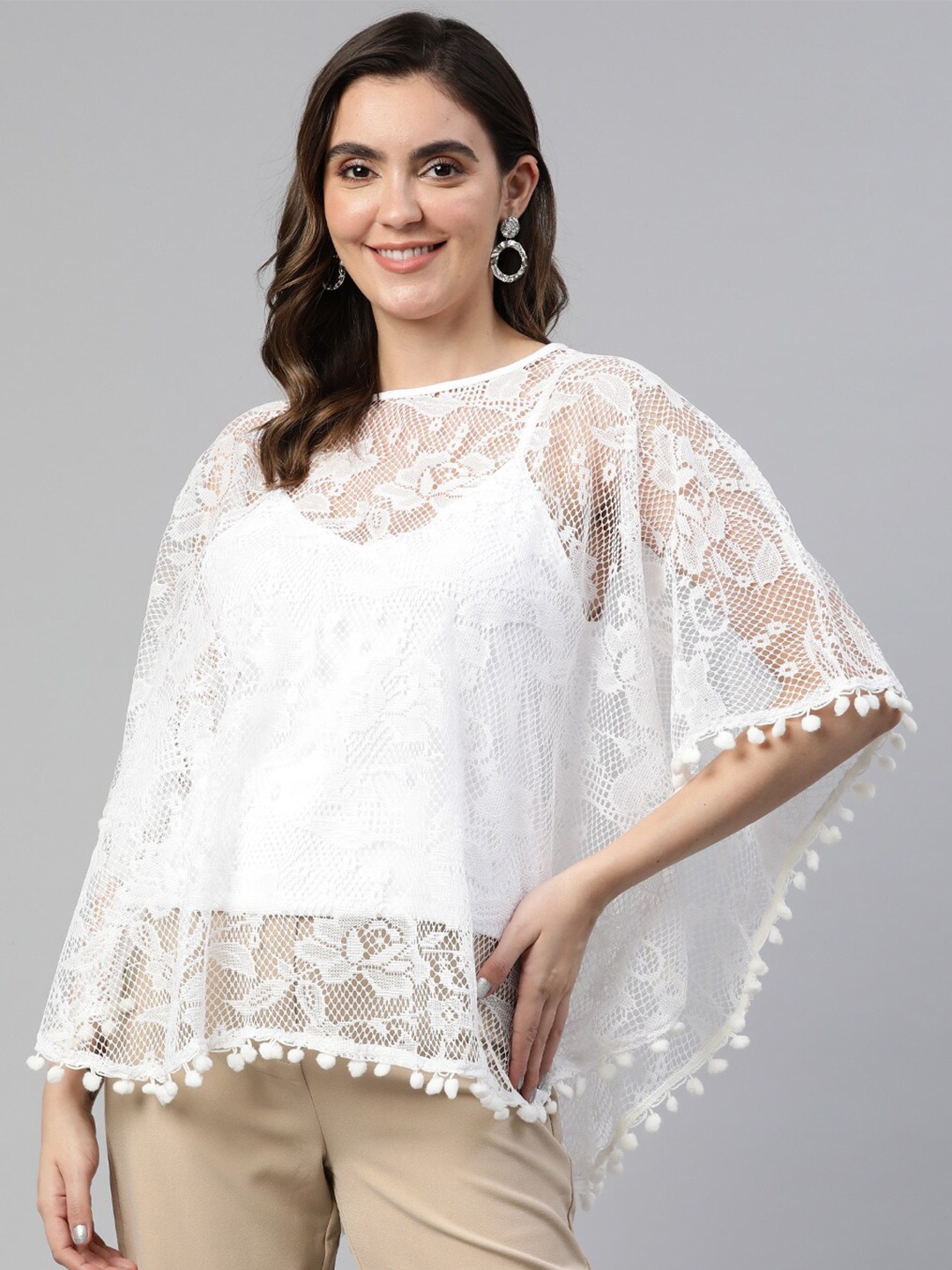 

Cottinfab Self Design Flared Sleeves Semi Sheer Net Kaftan Top, White
