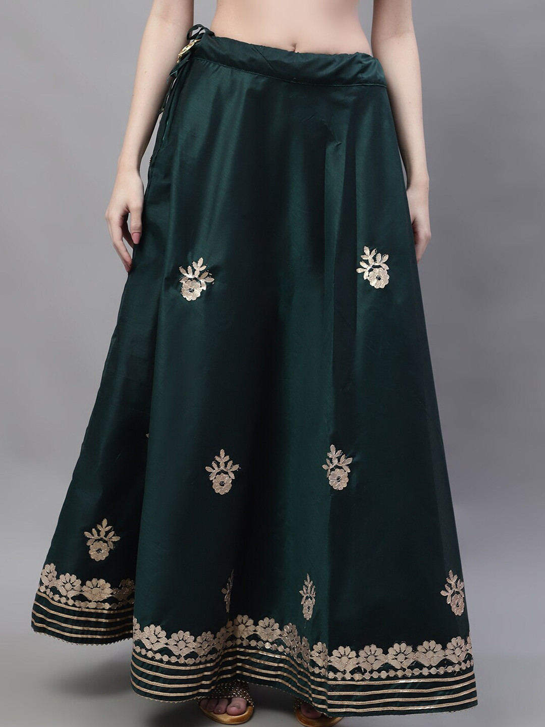 

SOUNDARYA Floral Embroidered Gota Patti Work Flared Chanderi Silk Maxi Lehanga Skirt, Green