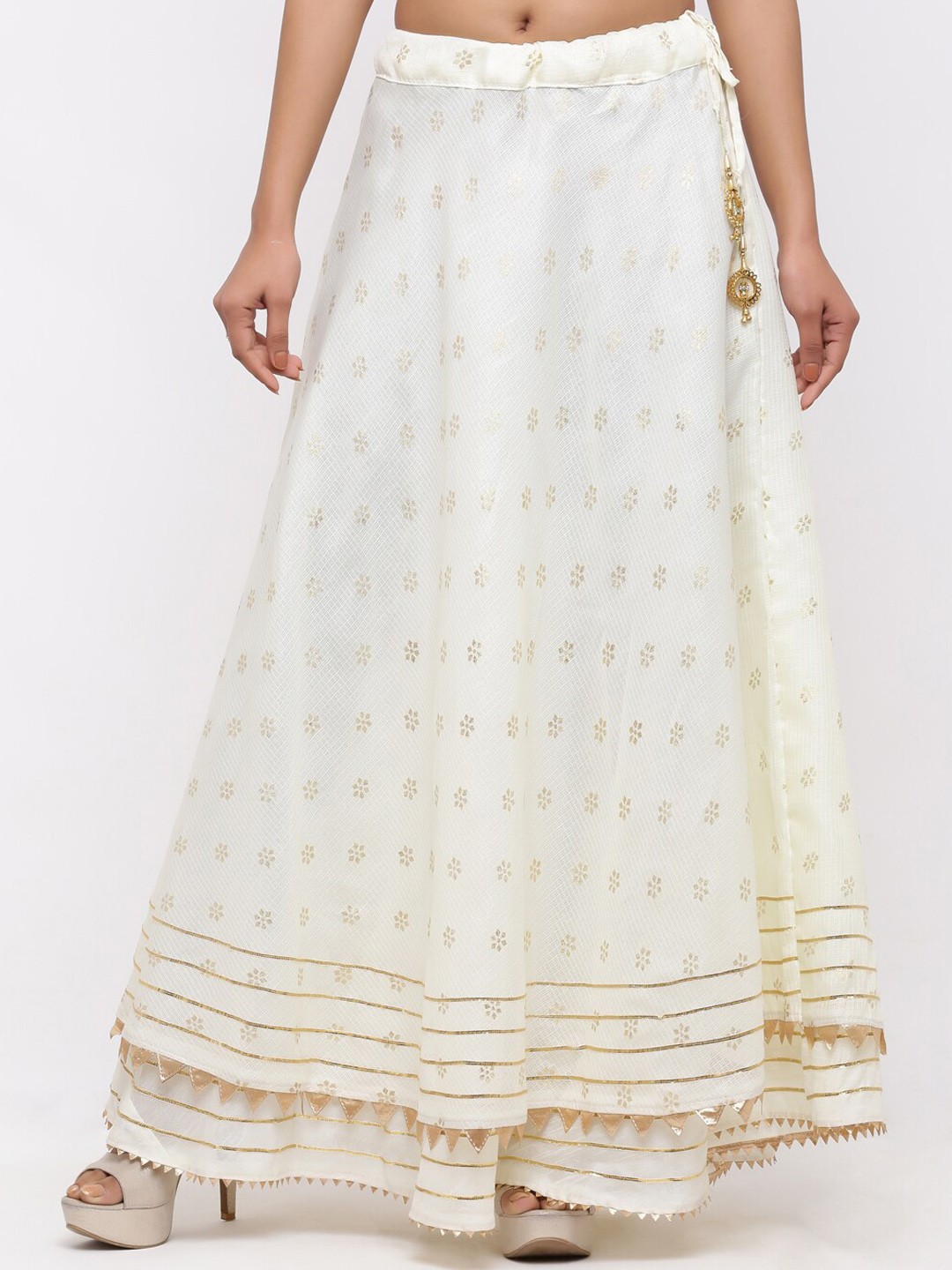 

SOUNDARYA Floral Printed Gota Patti Pure Cotton Flared Maxi Lehanga Skirt, Off white
