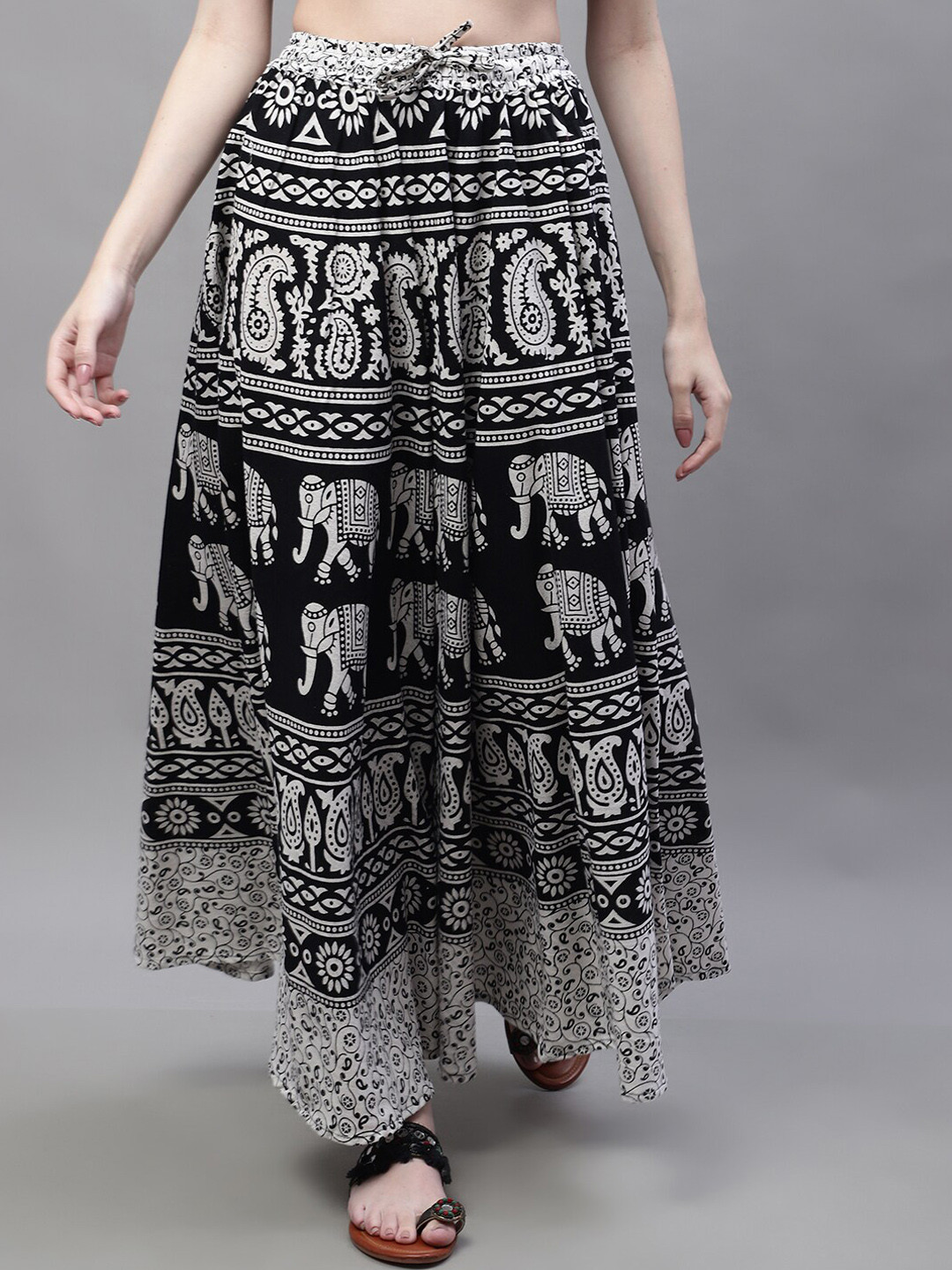 

SOUNDARYA Ethnic Motifs Printed A-Line Pure Cotton Maxi Skirt, White