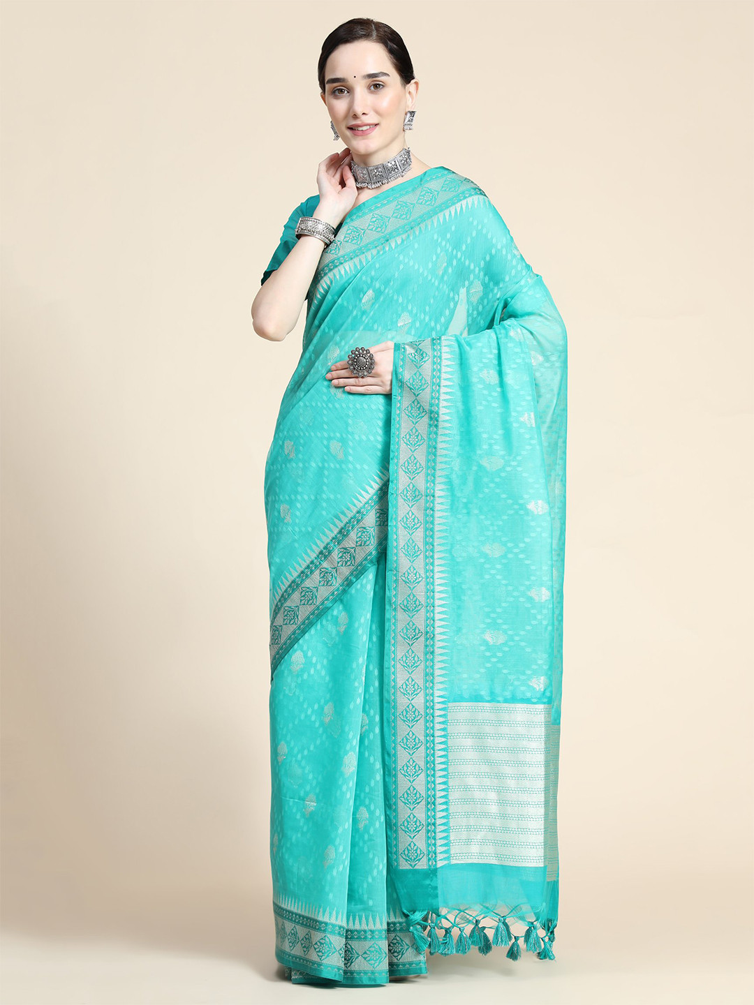 

VISHNU WEAVES Ethnic Woven Design Zari Organza Saree, Turquoise blue