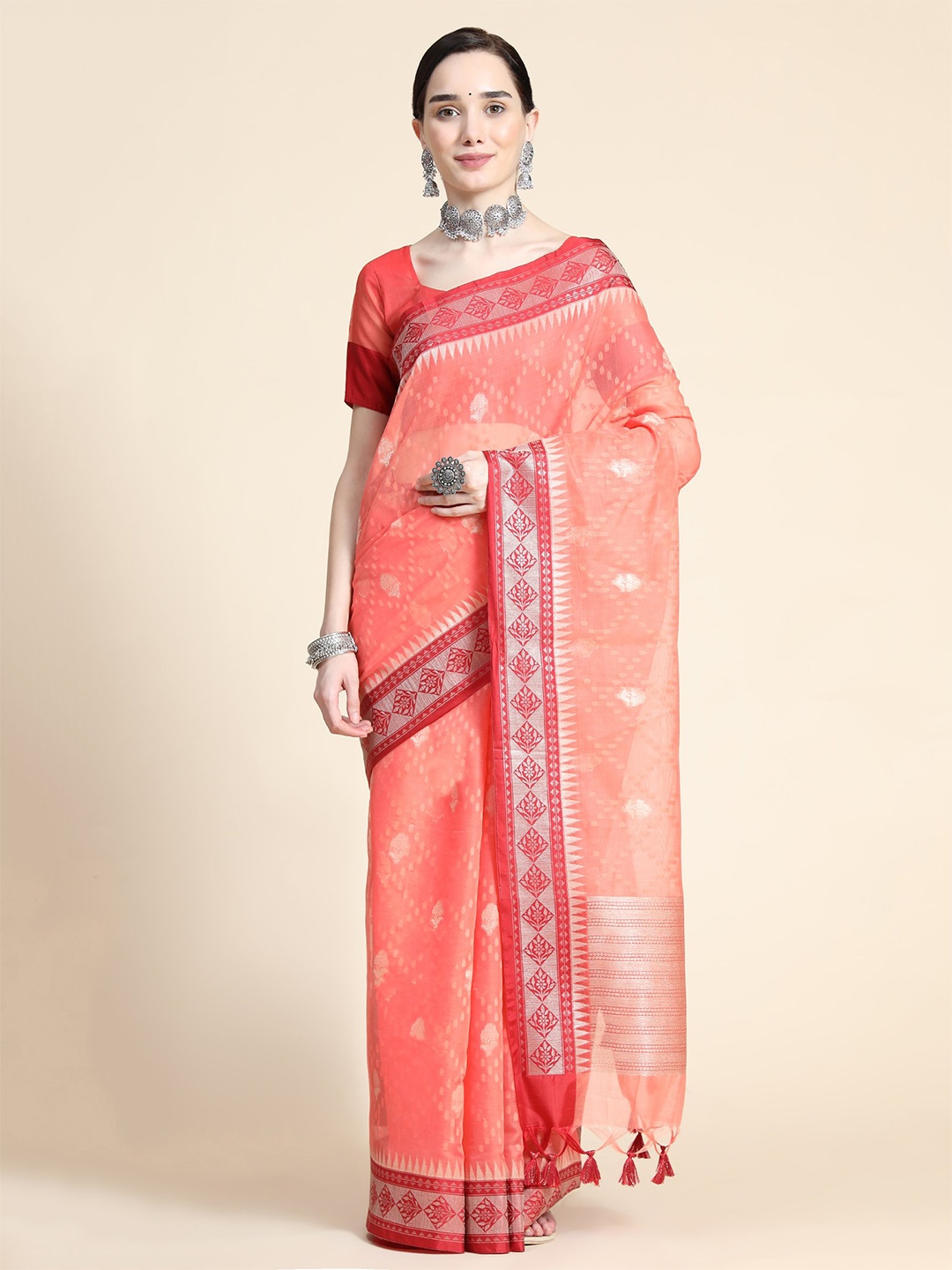 

VISHNU WEAVES Ethnic Woven Design Zari Organza Saree, Peach