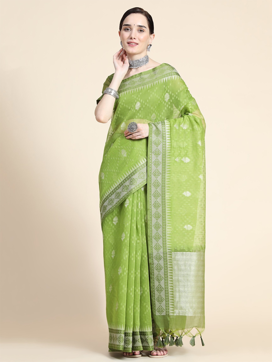 

VISHNU WEAVES Ethnic Woven Design Zari Organza Saree, Olive