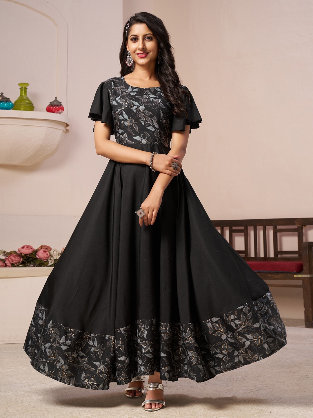 

ASPORA Floral Print Crepe Maxi Dress, Black