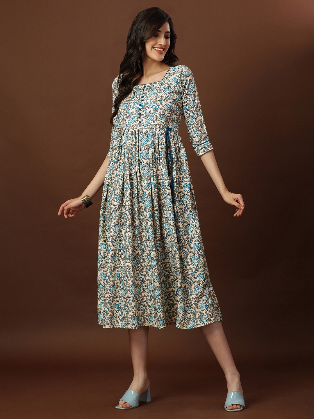 

ASPORA Ethnic Motifs Print A-Line Midi Dress, White