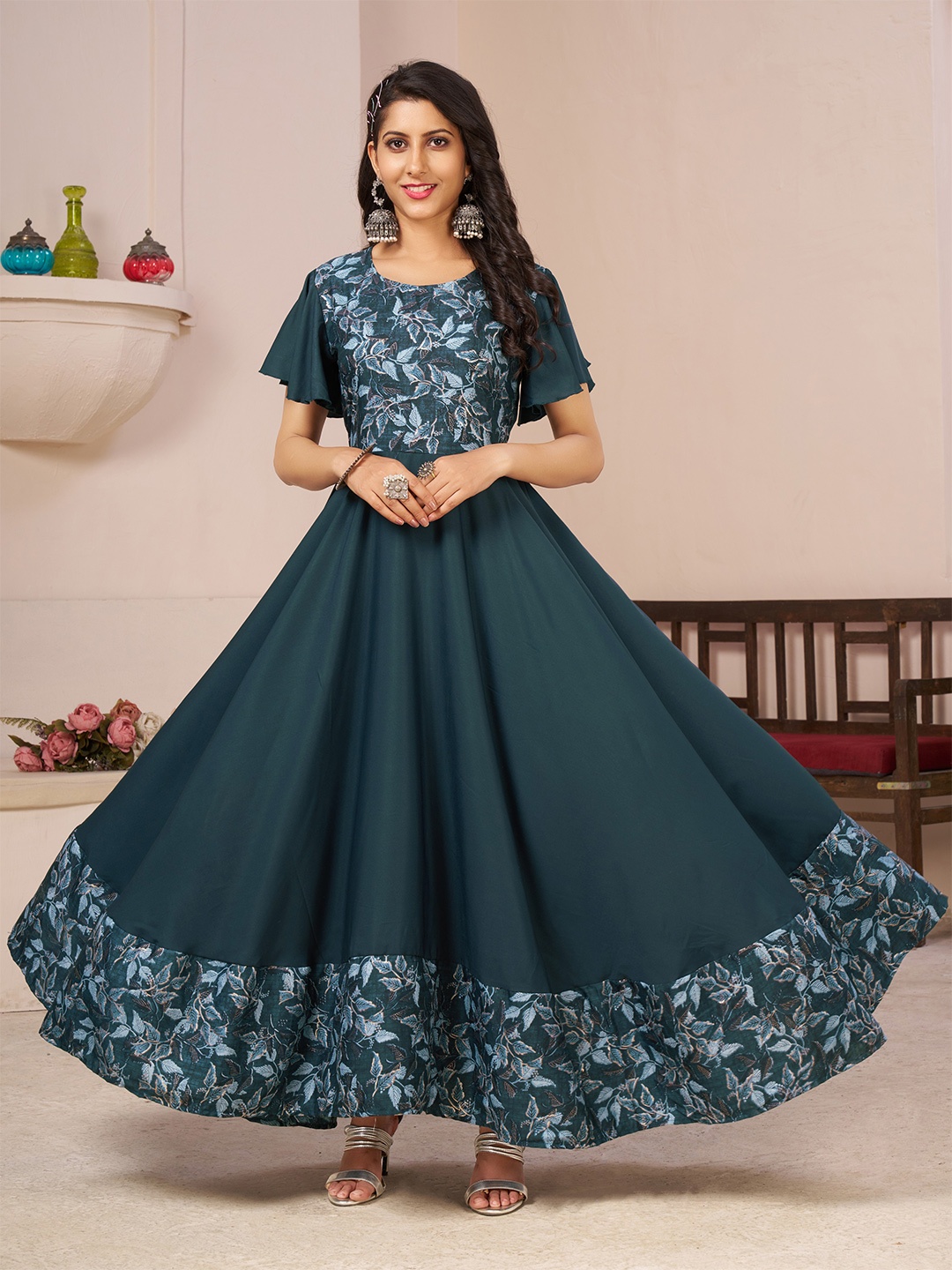 

ASPORA Floral Print Crepe Maxi Dress, Turquoise blue