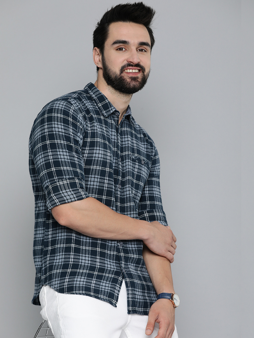 

HERE&NOW Men Tartan Checked Casual Shirt, Grey