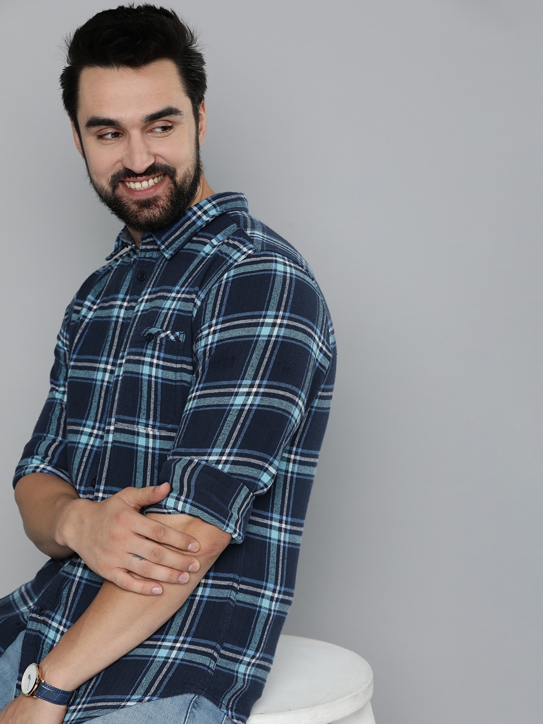 

HERE&NOW Men Tartan Checked Casual Shirt, Blue