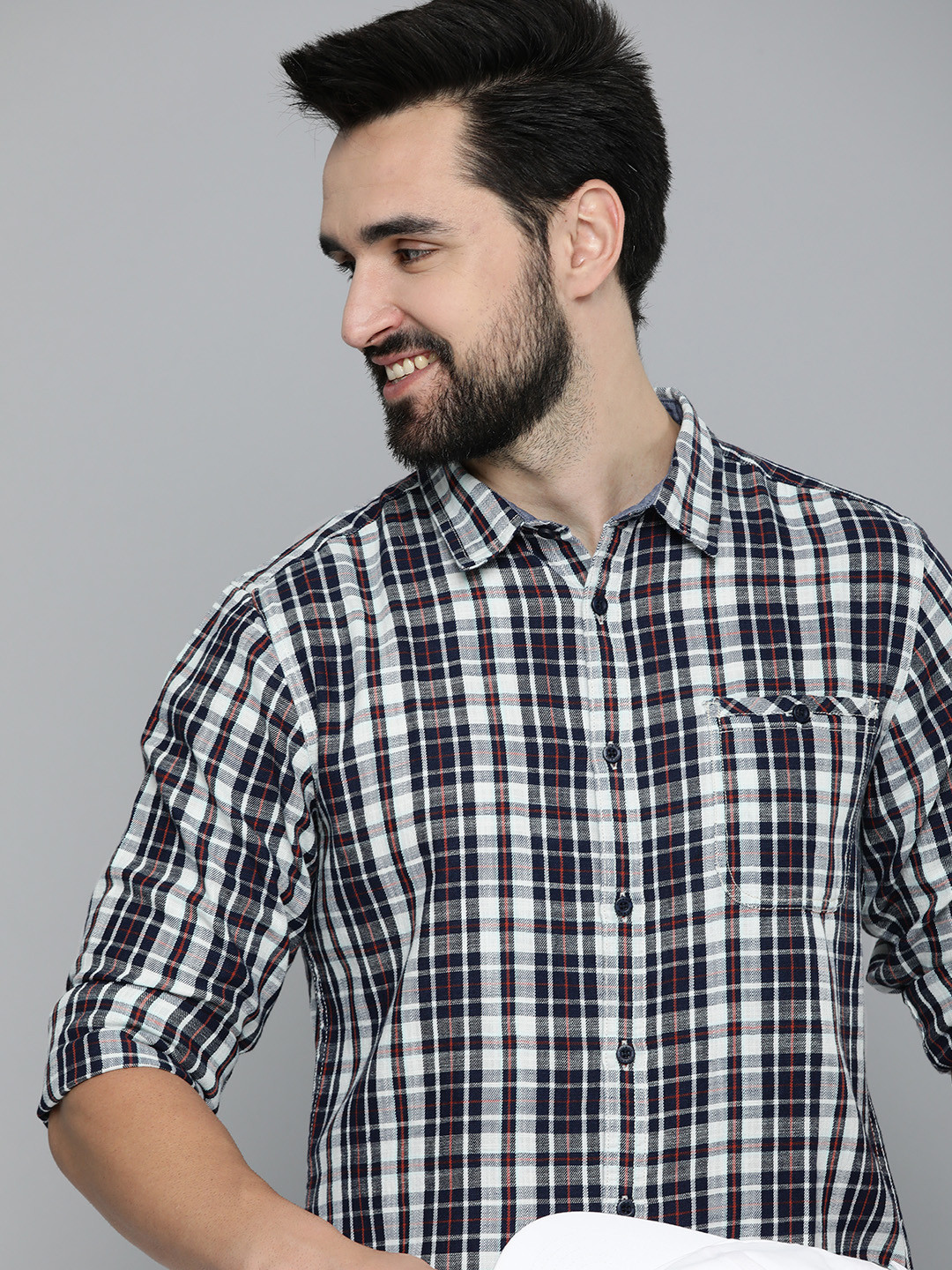 

HERE&NOW Men Tartan Checked Casual Shirt, Navy blue