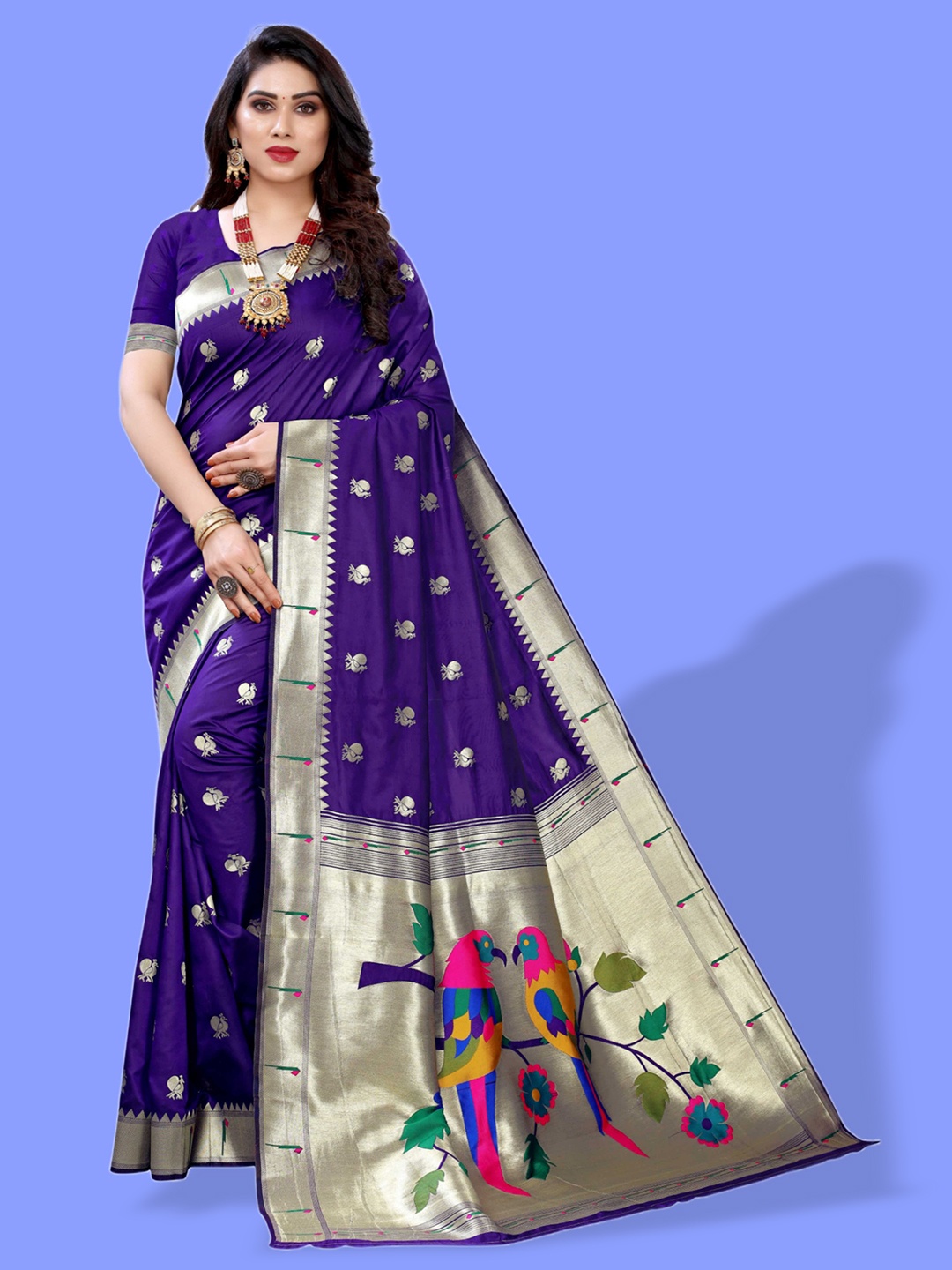 

Mitera Navy Blue & Gold-Toned Ethnic Motif Woven Design Zari Paithani Saree