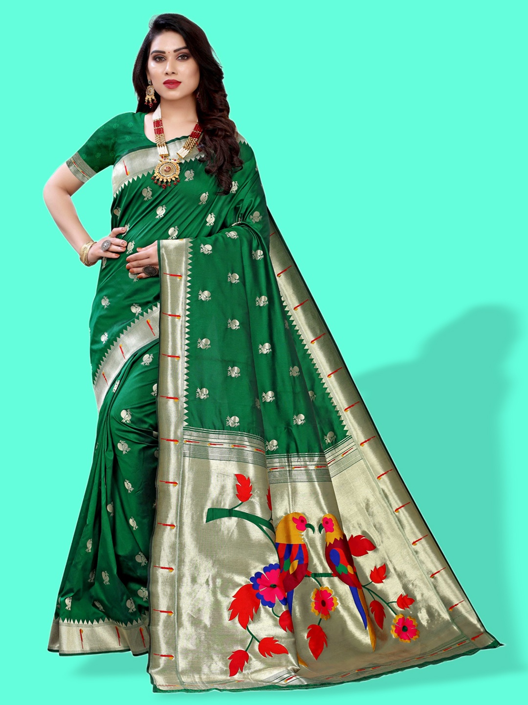 

Mitera Green & Gold-Toned Ethnic Motif Woven Design Zari Paithani Saree