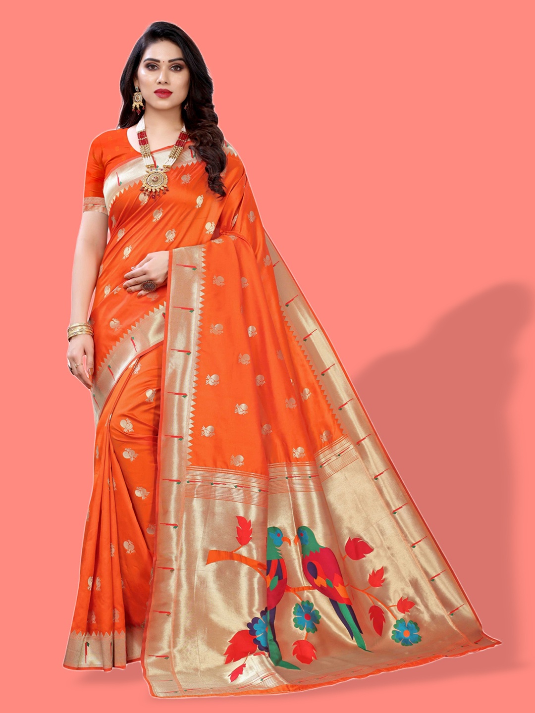 

Mitera Orange & Gold-Toned Ethnic Motif Woven Design Zari Paithani Saree