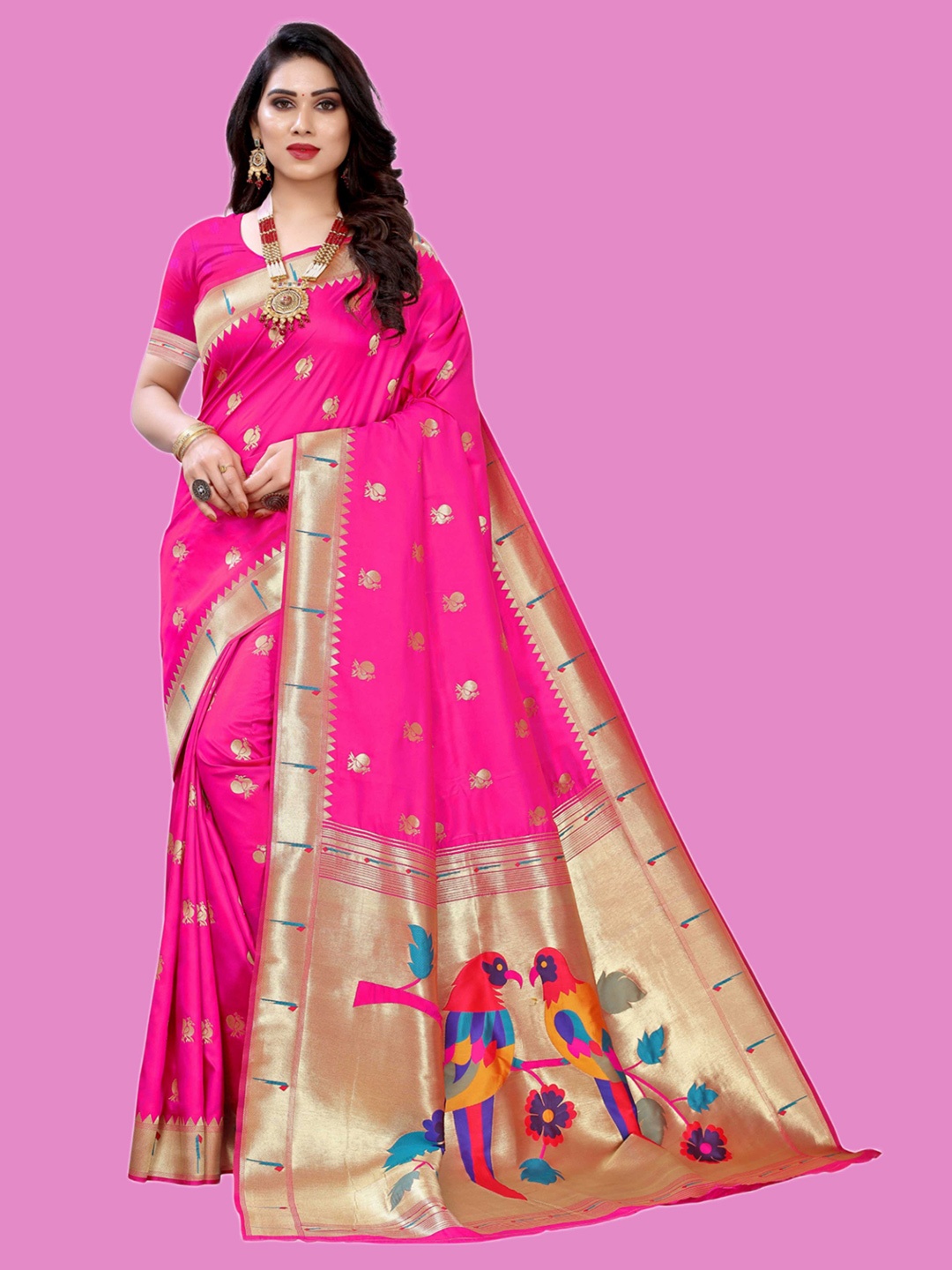 

Mitera Pink & Gold-Toned Ethnic Motif Woven Design Zari Paithani Saree