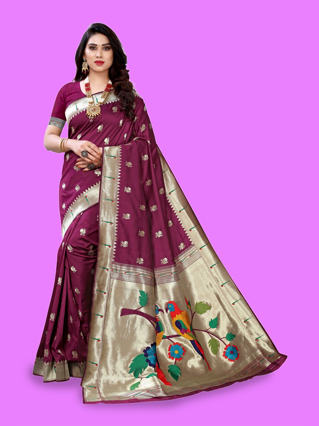 

Mitera Purple & Gold-Toned Ethnic Motifs Woven Design Zari Paithani Saree