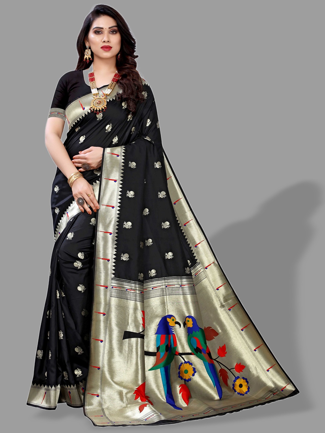 

Mitera Black & Gold-Toned Ethnic Motif Woven Design Zari Paithani Saree