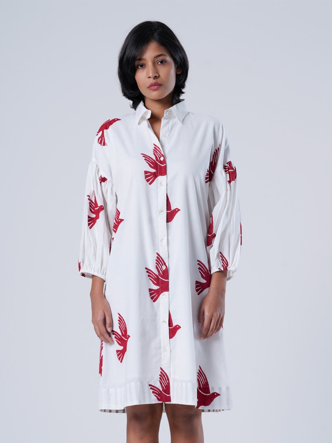 

the kaatn trail Conversational Printed Organic Cotton Shirt Dress, White