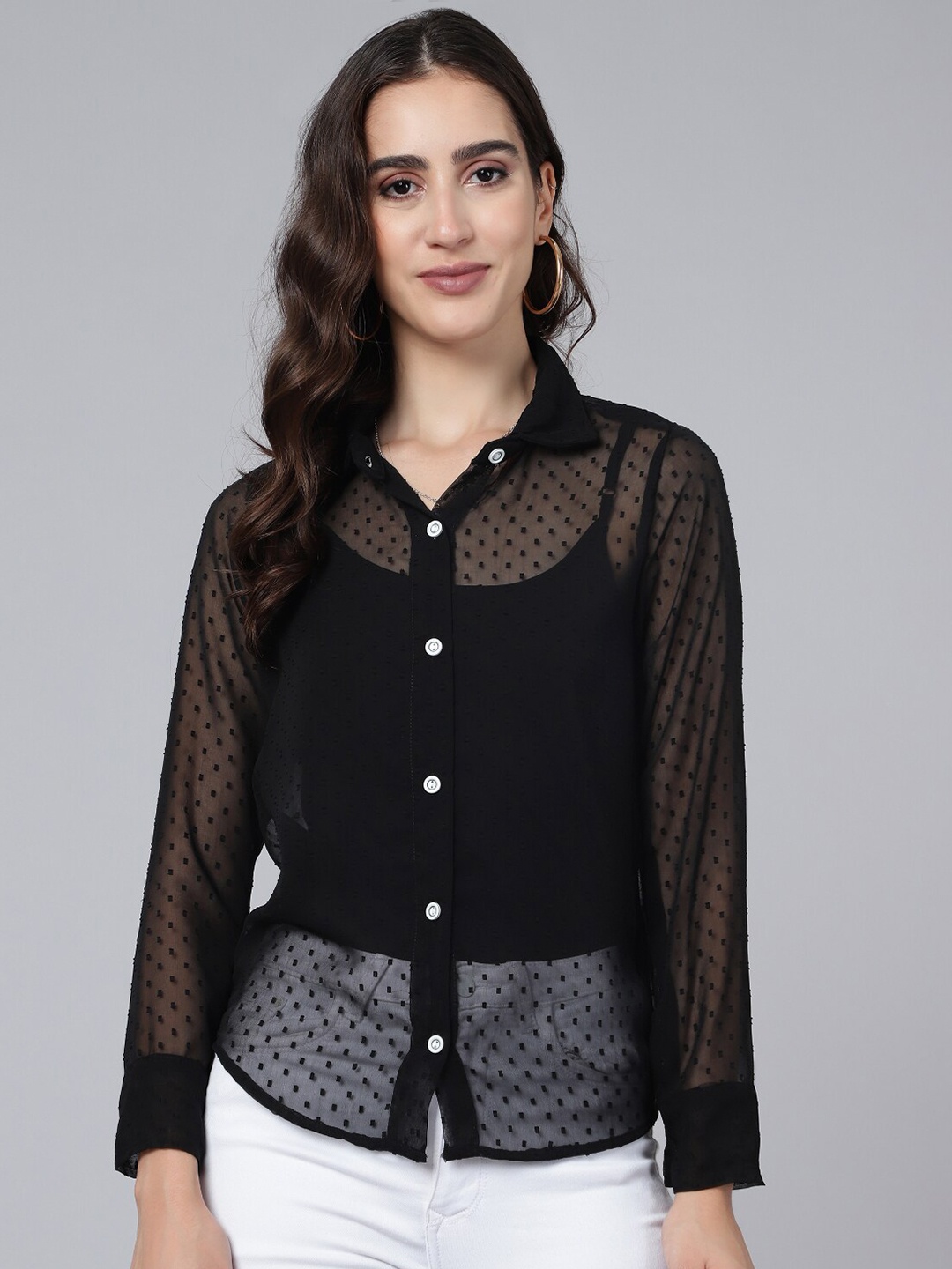 

WESTHOOD Women Self Design Sheer Georgette Casual Shirt, Black