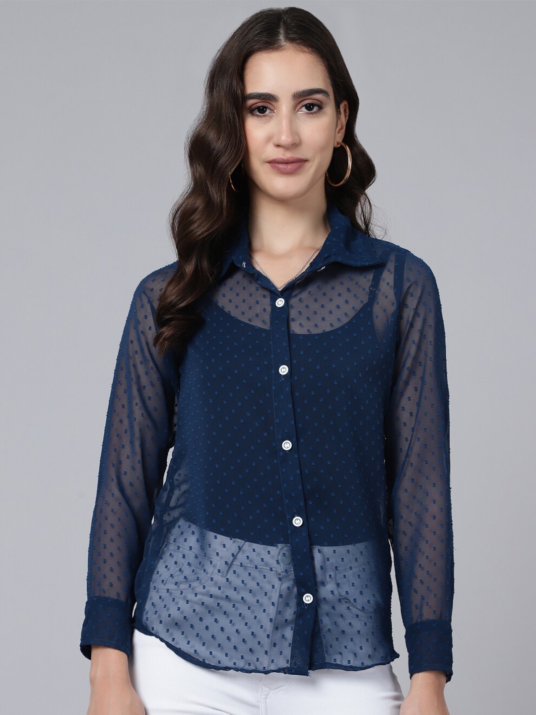

WESTHOOD Women Sheer Georgette Casual Shirt, Navy blue
