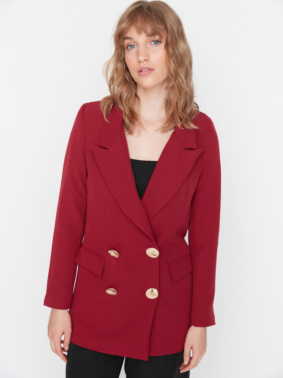 

Trendyol Notched Lapel Double Breasted Casual Blazer, Maroon