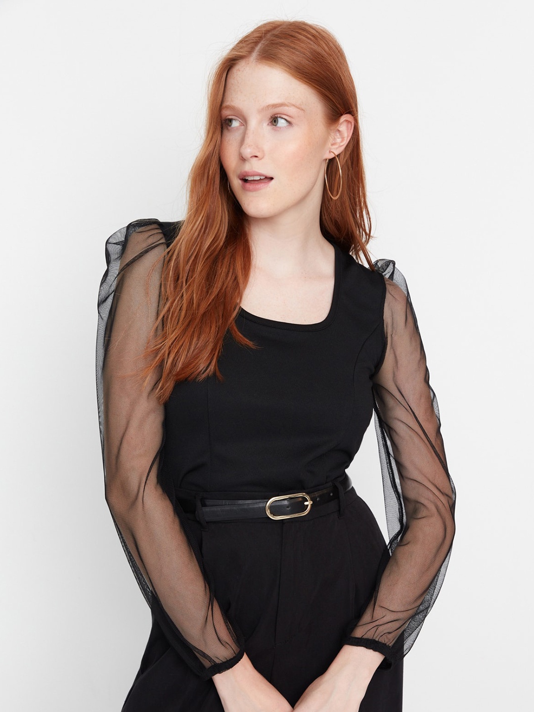 

Trendyol Square Neck Puff Sleeves Top, Black