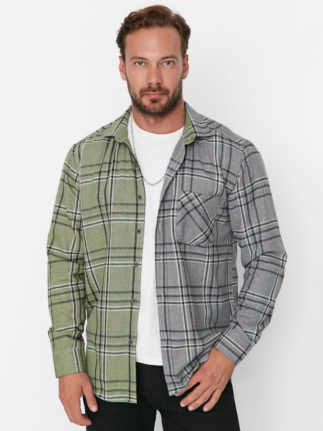 

Trendyol Men Tartan Checked Opaque Casual Shirt, Grey
