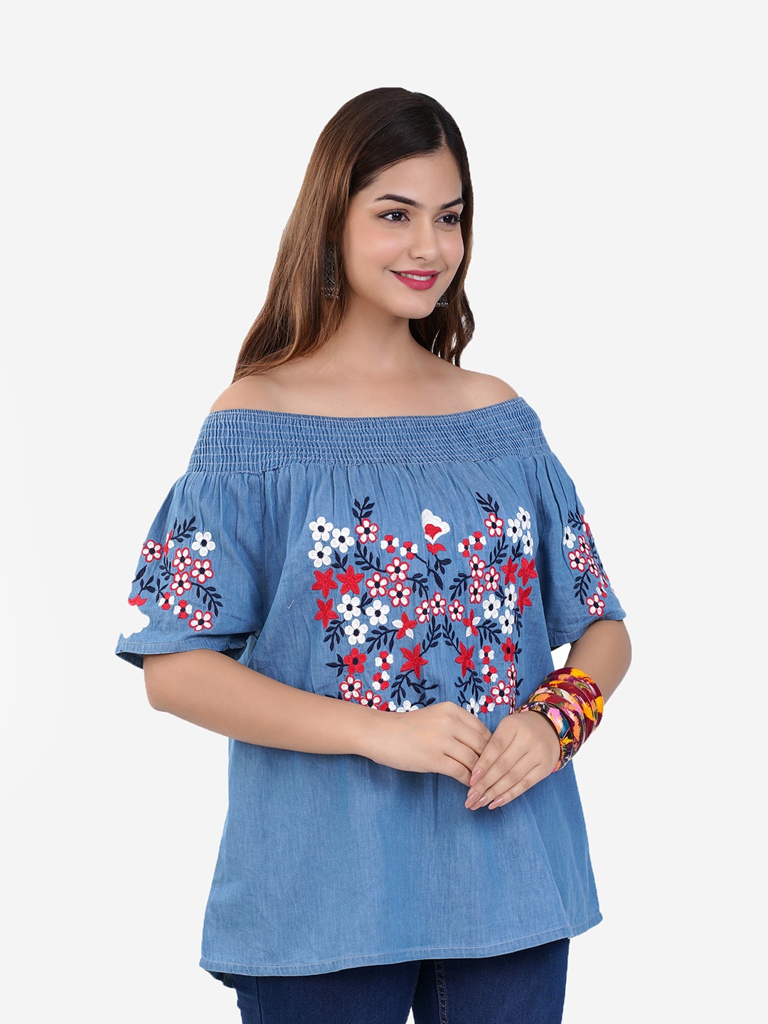 

SUMAVI-FASHION Off-Shoulder Flared Sleeves Embroidered Bardot Top, Blue