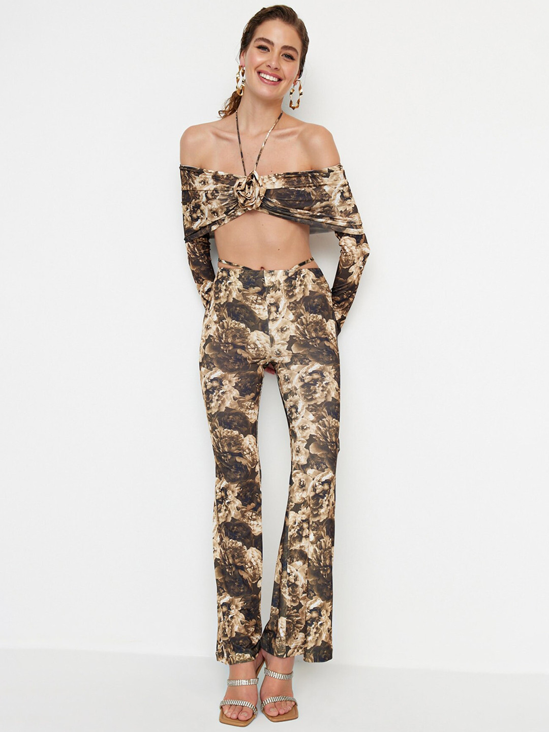 

Trendyol Women Floral Printed Bootcut Trousers, Brown