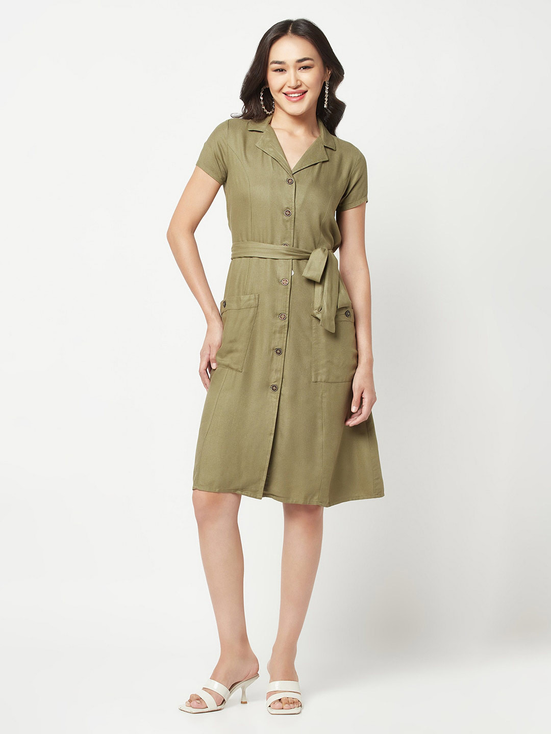 

Crimsoune Club Belted Shirt Dress, Olive