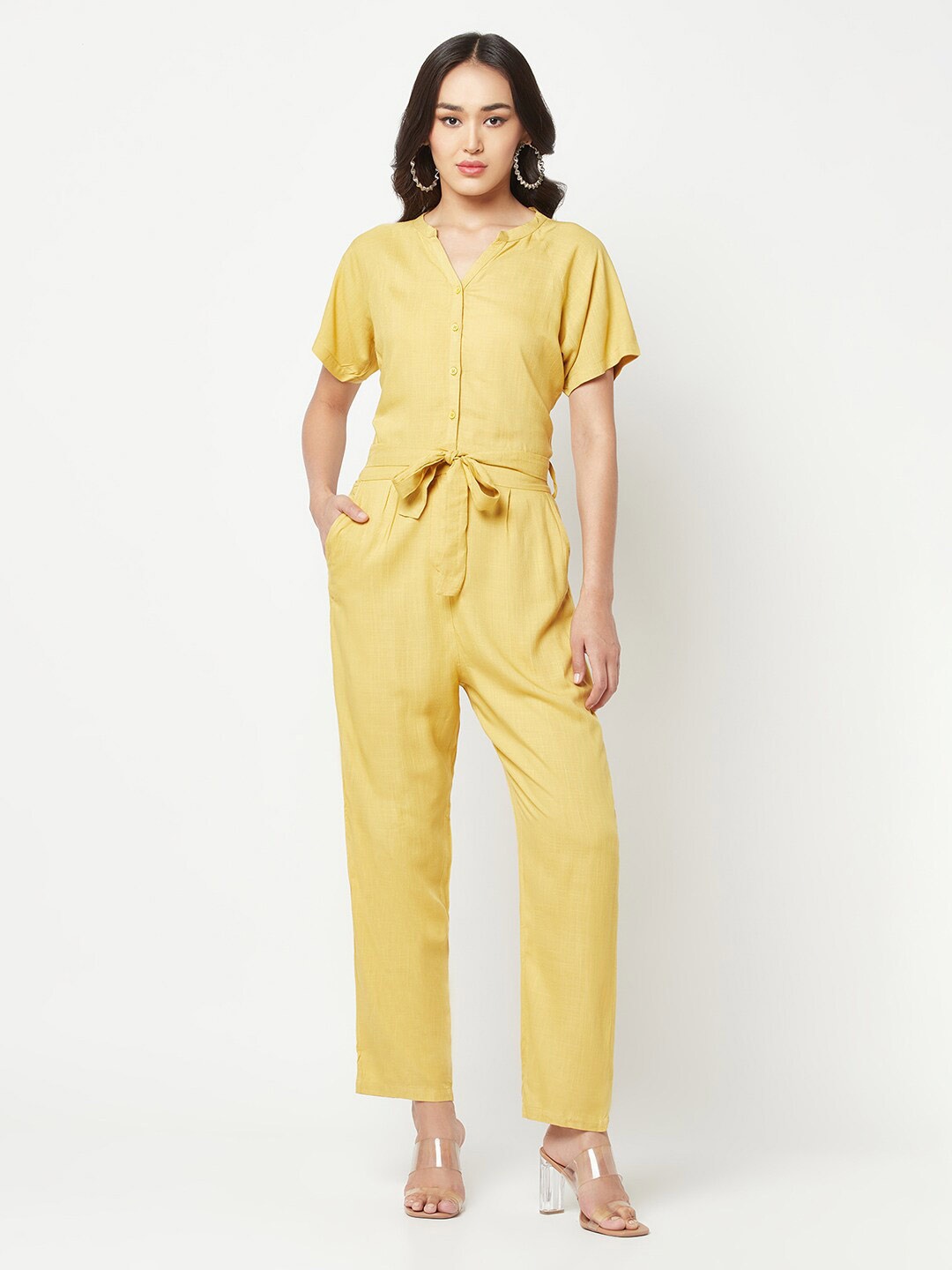 

Crimsoune Club Mandain Collar Waist Tie-Up Basic Jumpsuit, Mustard