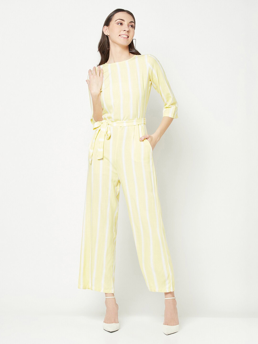 

Crimsoune Club Waist Tie-Up Striped Basic Jumpsuit, Yellow