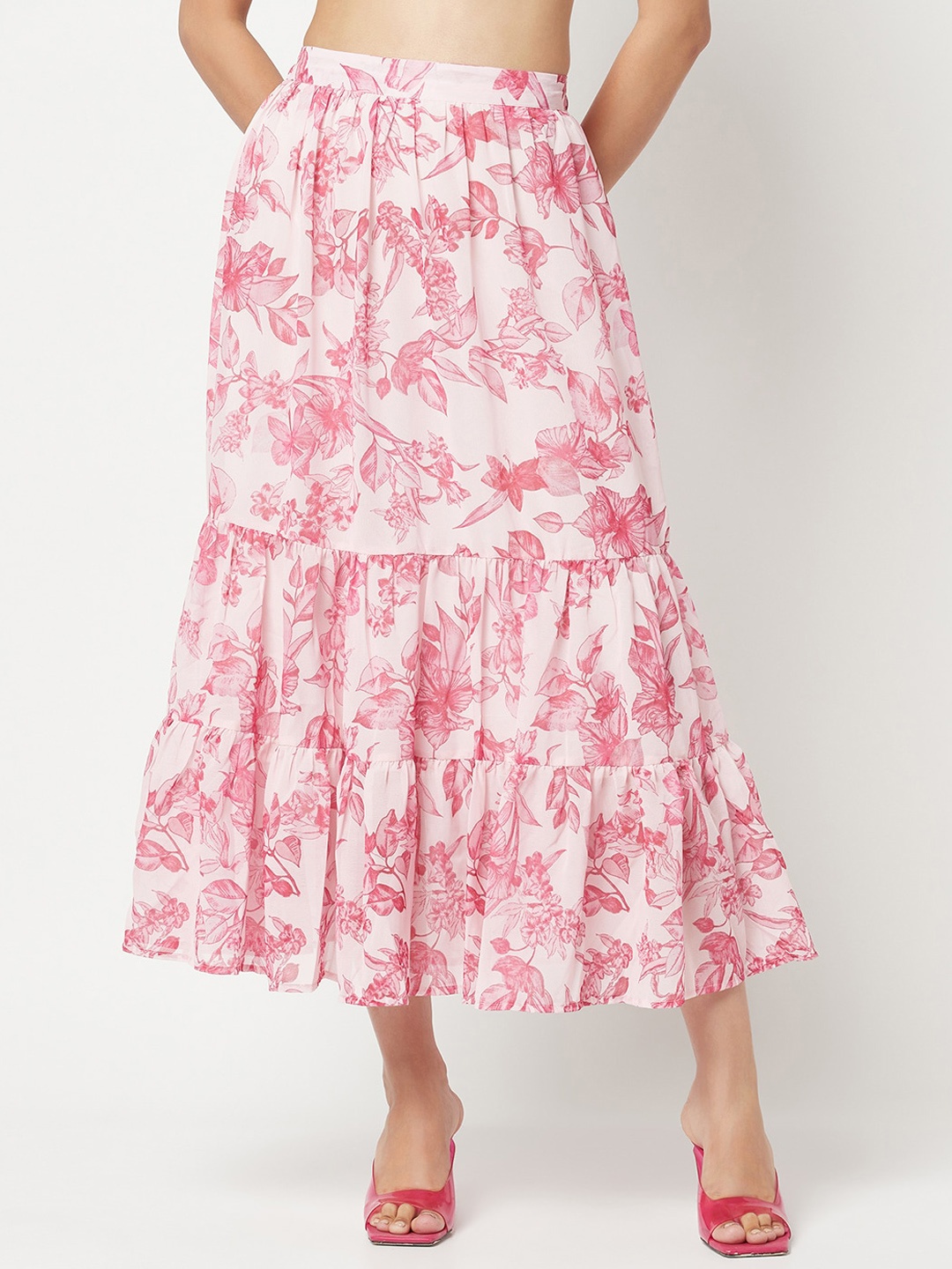 

Crimsoune Club Floral Printed A-Line Midi Skirt, White